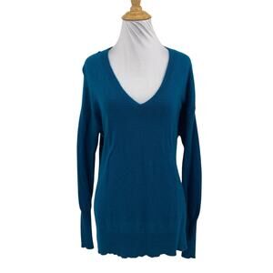 Halogen Sweater Women XS Extra Small Teal Cashmere V Neck Long Sleeve Pullover